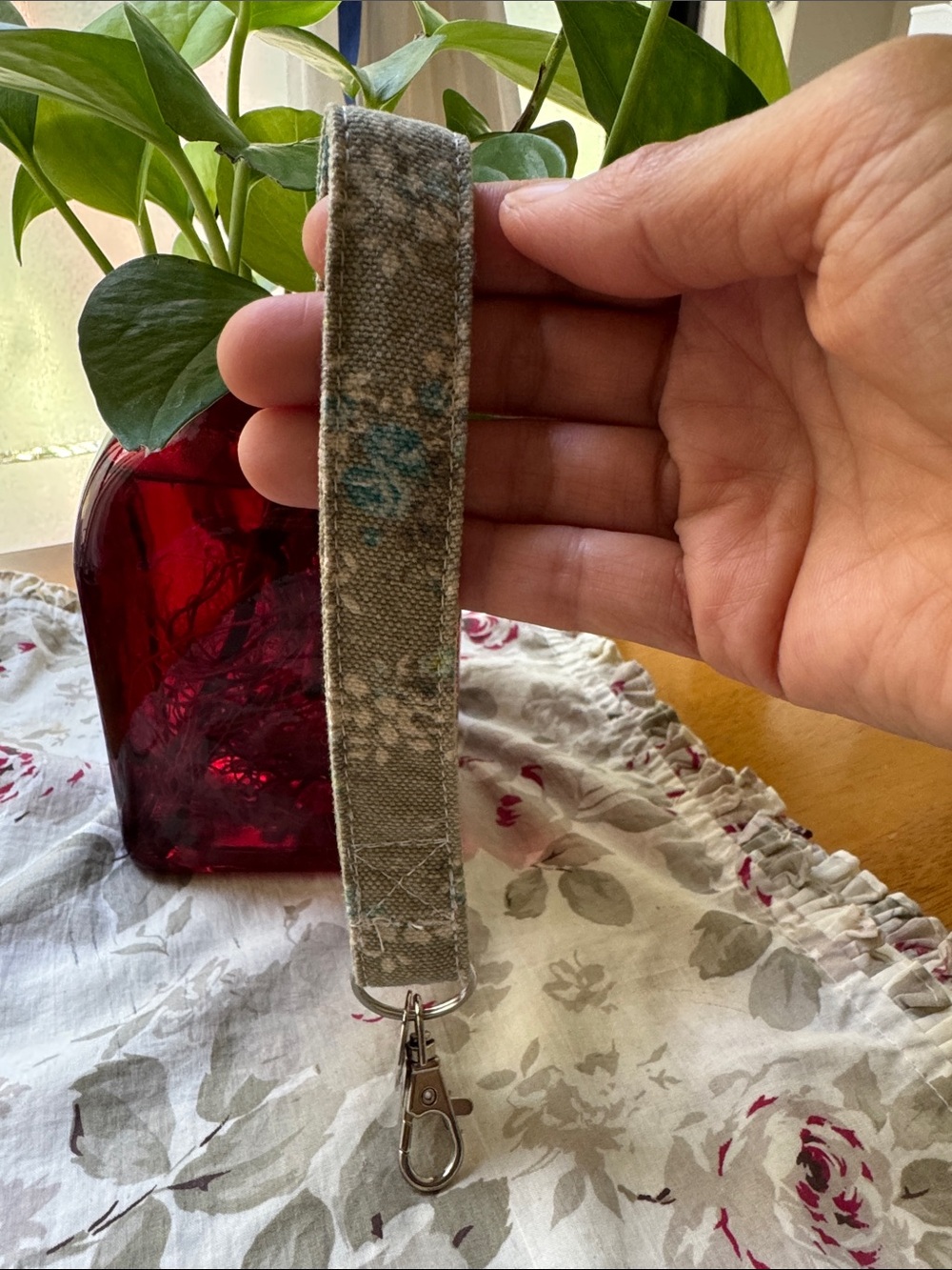 Floral Canvas Wrist Key Lanyard in Sage
